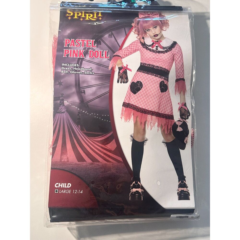 Spirit Halloween Pastel Pink Doll Costume Child Large 12-14 Dress Accessories